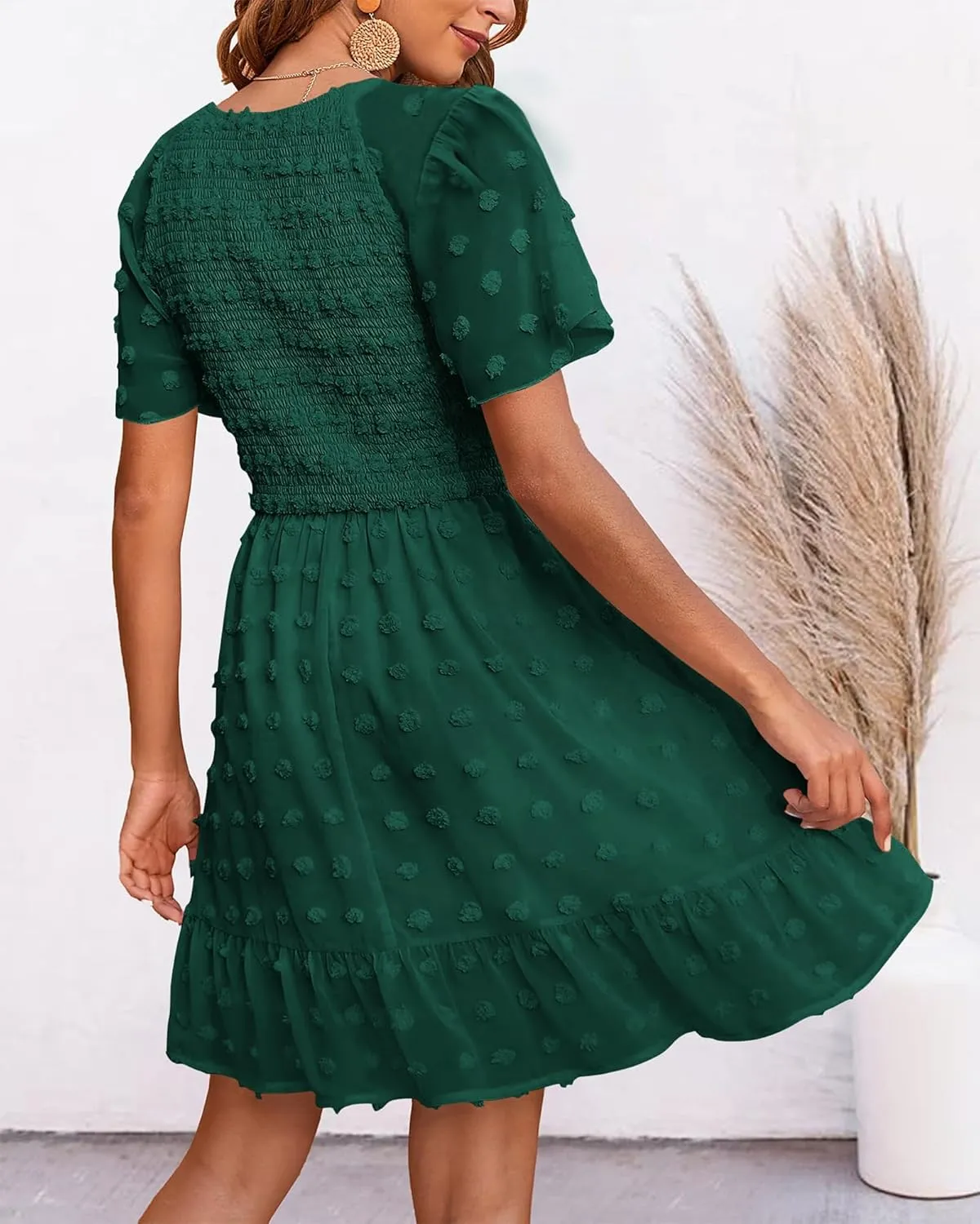BTFBM Womens Beach Vacation Dress V Neck Short Sleeve Smocked Swiss Dot Casual Ruffle Mini Spring Summer Dresses 2025