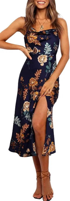 Cantonwalker Women's Satin Spaghetti Straps Cowl Neck Sexy V-Back Cross Slip Cocktail Formal Midi Dress 0238