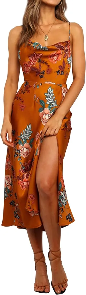 Cantonwalker Women's Satin Spaghetti Straps Cowl Neck Sexy V-Back Cross Slip Cocktail Formal Midi Dress 0238