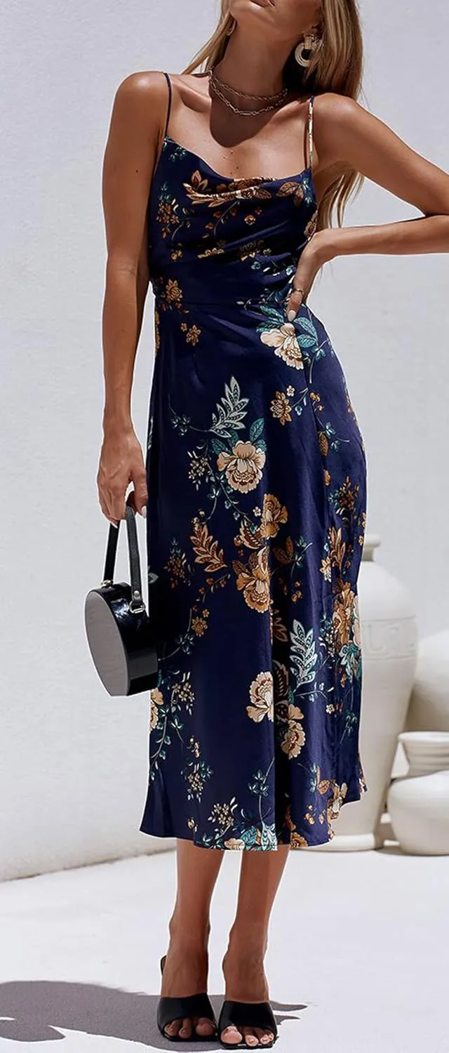 Cantonwalker Women's Satin Spaghetti Straps Cowl Neck Sexy V-Back Cross Slip Cocktail Formal Midi Dress 0238