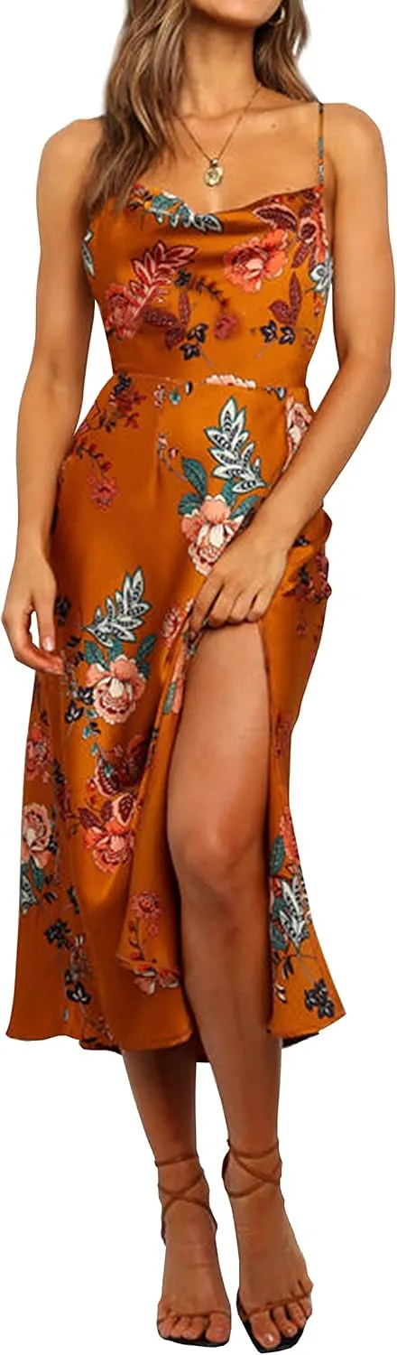 Cantonwalker Women's Satin Spaghetti Straps Cowl Neck Sexy V-Back Cross Slip Cocktail Formal Midi Dress 0238