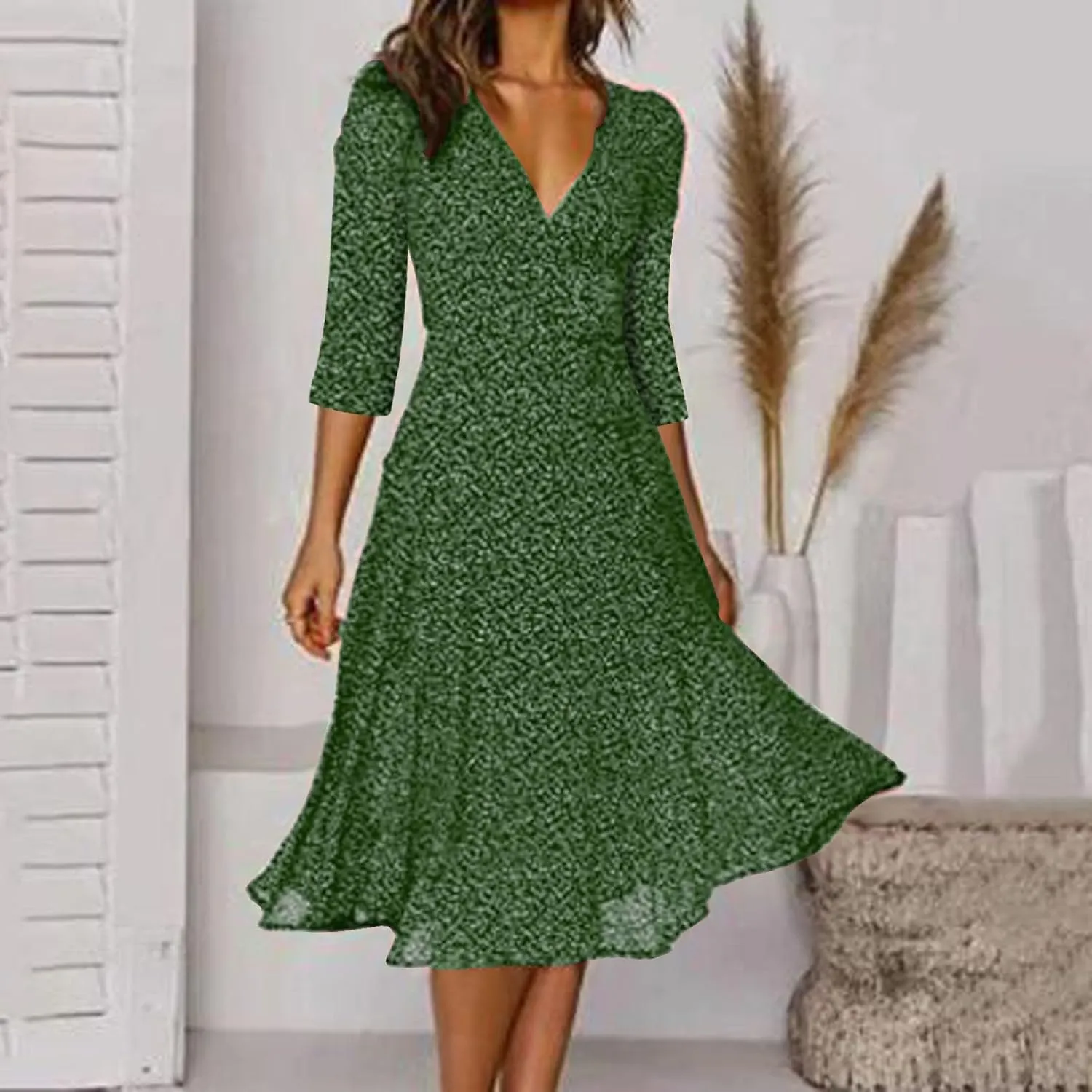 Casual Summer Dresses for Women Polka Dot Print V Neck Short Sleeve Ruffle Flowy Boho Floral Dress Midi Length