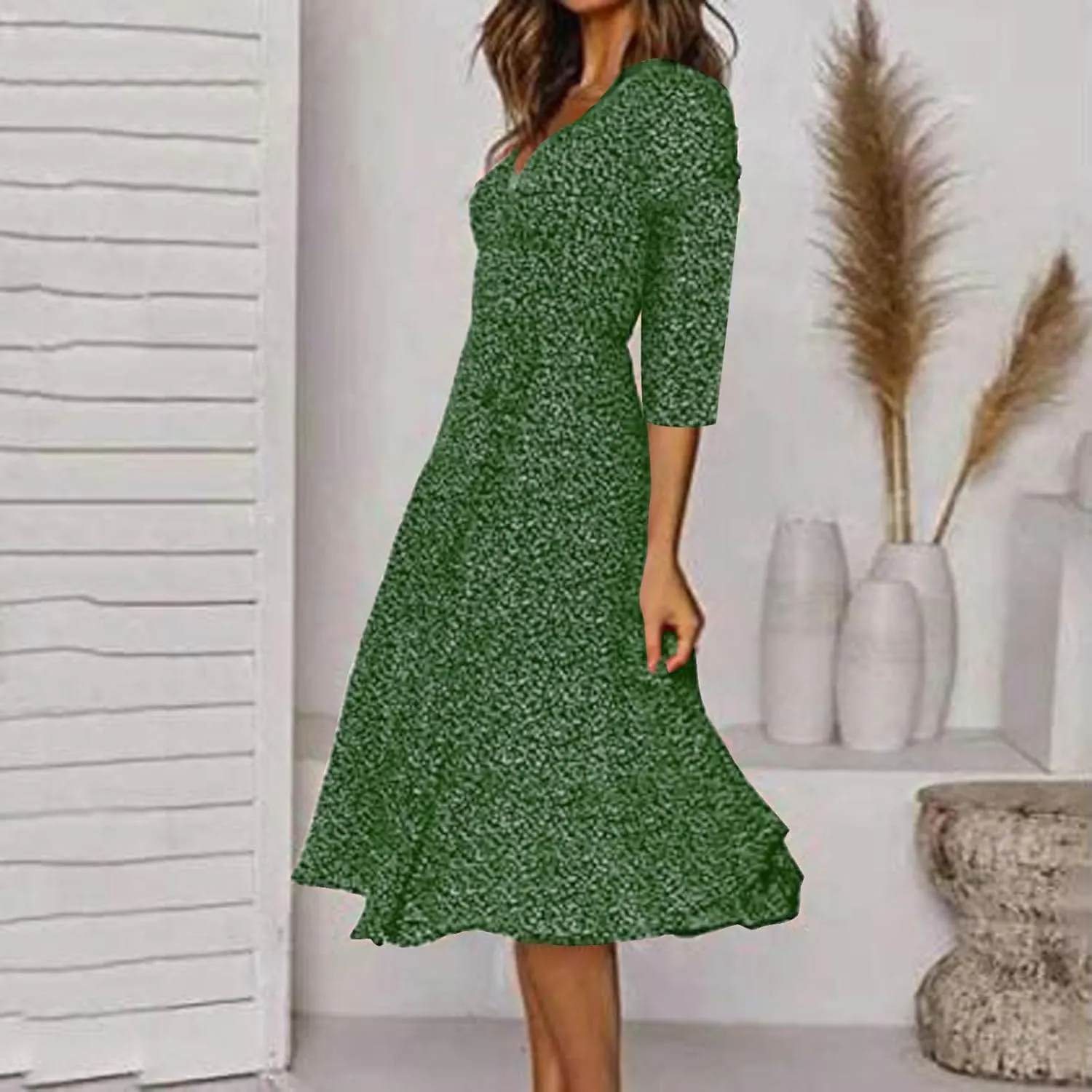 Casual Summer Dresses for Women Polka Dot Print V Neck Short Sleeve Ruffle Flowy Boho Floral Dress Midi Length