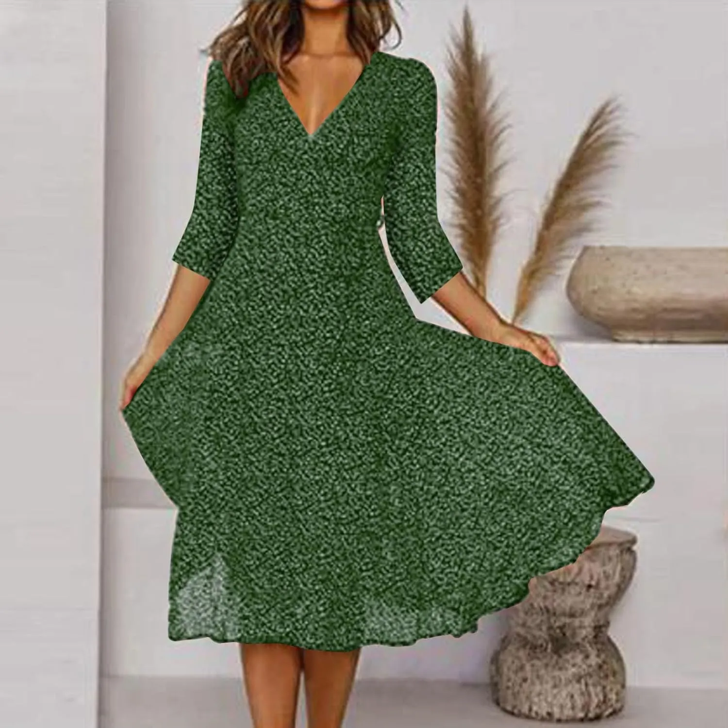 Casual Summer Dresses for Women Polka Dot Print V Neck Short Sleeve Ruffle Flowy Boho Floral Dress Midi Length