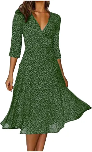 Casual Summer Dresses for Women Polka Dot Print V Neck Short Sleeve Ruffle Flowy Boho Floral Dress Midi Length