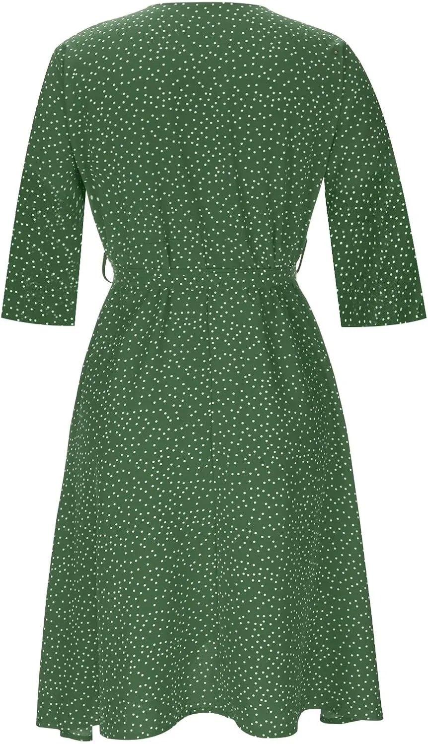 Casual Summer Dresses for Women Polka Dot Print V Neck Short Sleeve Ruffle Flowy Boho Floral Dress Midi Length