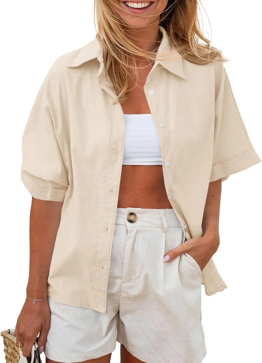 Cicy Bell Womens Button Down Shirts Summer Short Sleeve Collared Dressy Casual Blouses Work Loose Fit Tops