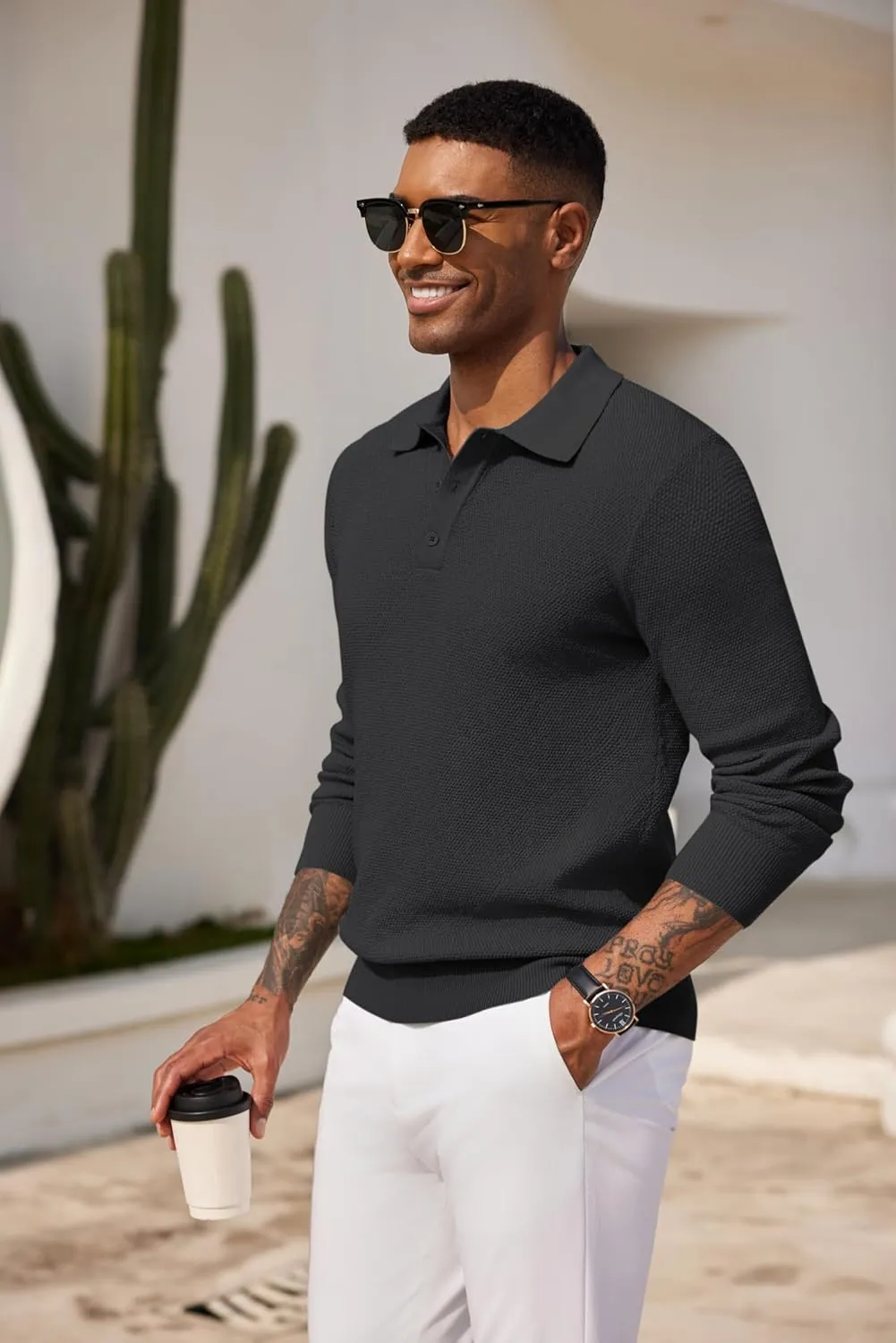 COOFANDY Mens Knit Polo Shirts Long Sleeve Casual Polo Sweaters Shirt Waffle Textured Collared Sweater