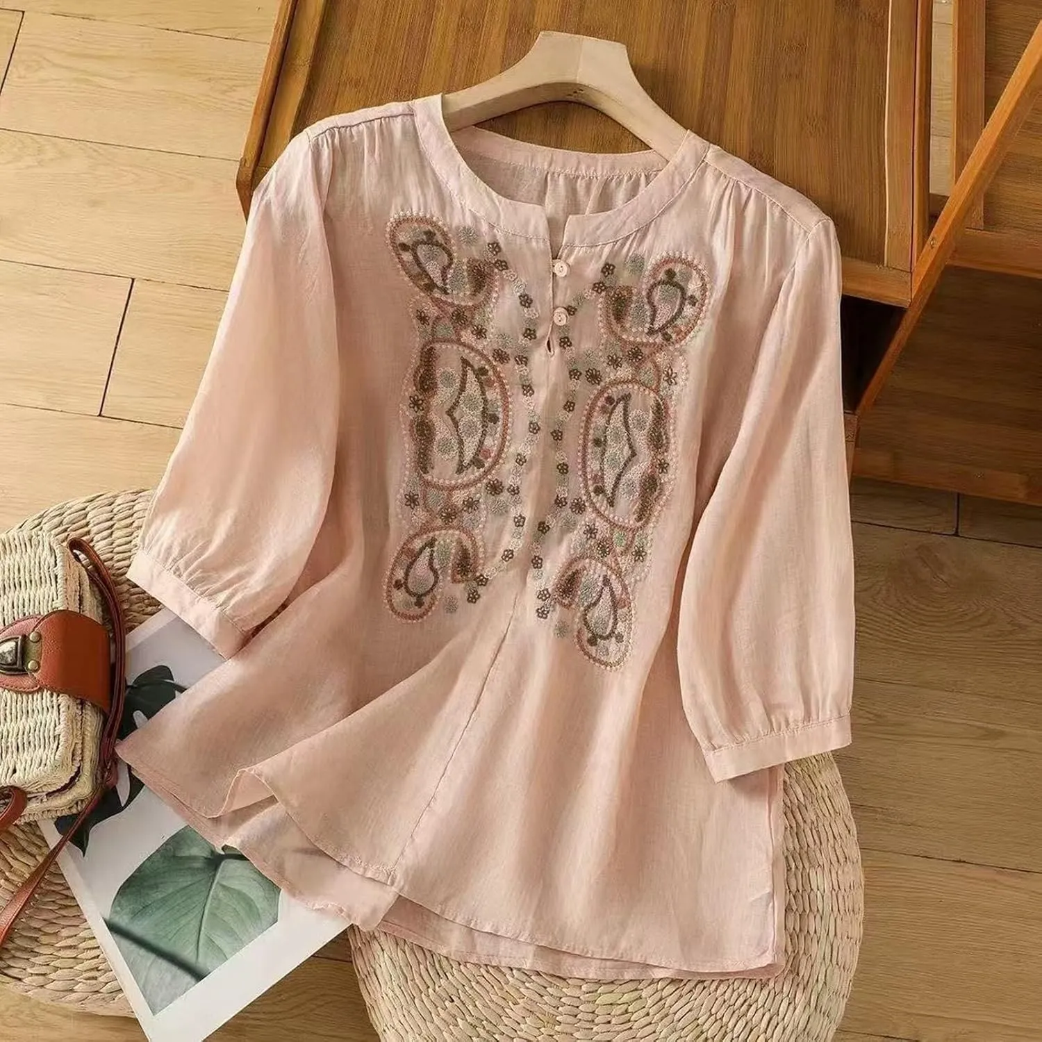Cotton Linen Shirt for Women Short Sleeve Crew Neck Buttons Casual Boho Tops Summer Loose Fashion Embroidered Blouse