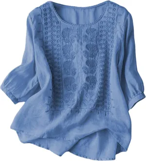Cotton Linen Shirt for Women Short Sleeve Crew Neck Buttons Casual Boho Tops Summer Loose Fashion Embroidered Blouse