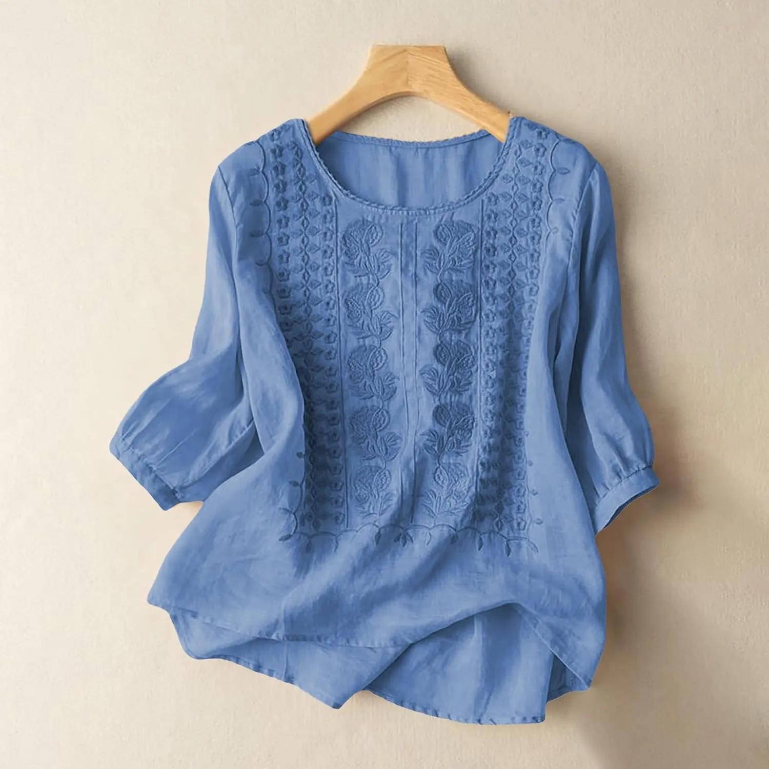 Cotton Linen Shirt for Women Short Sleeve Crew Neck Buttons Casual Boho Tops Summer Loose Fashion Embroidered Blouse