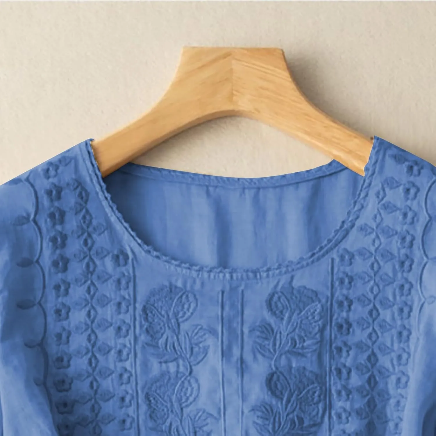 Cotton Linen Shirt for Women Short Sleeve Crew Neck Buttons Casual Boho Tops Summer Loose Fashion Embroidered Blouse