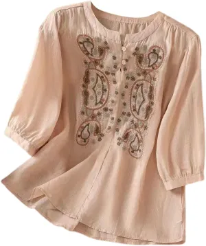 Cotton Linen Shirt for Women Short Sleeve Crew Neck Buttons Casual Boho Tops Summer Loose Fashion Embroidered Blouse