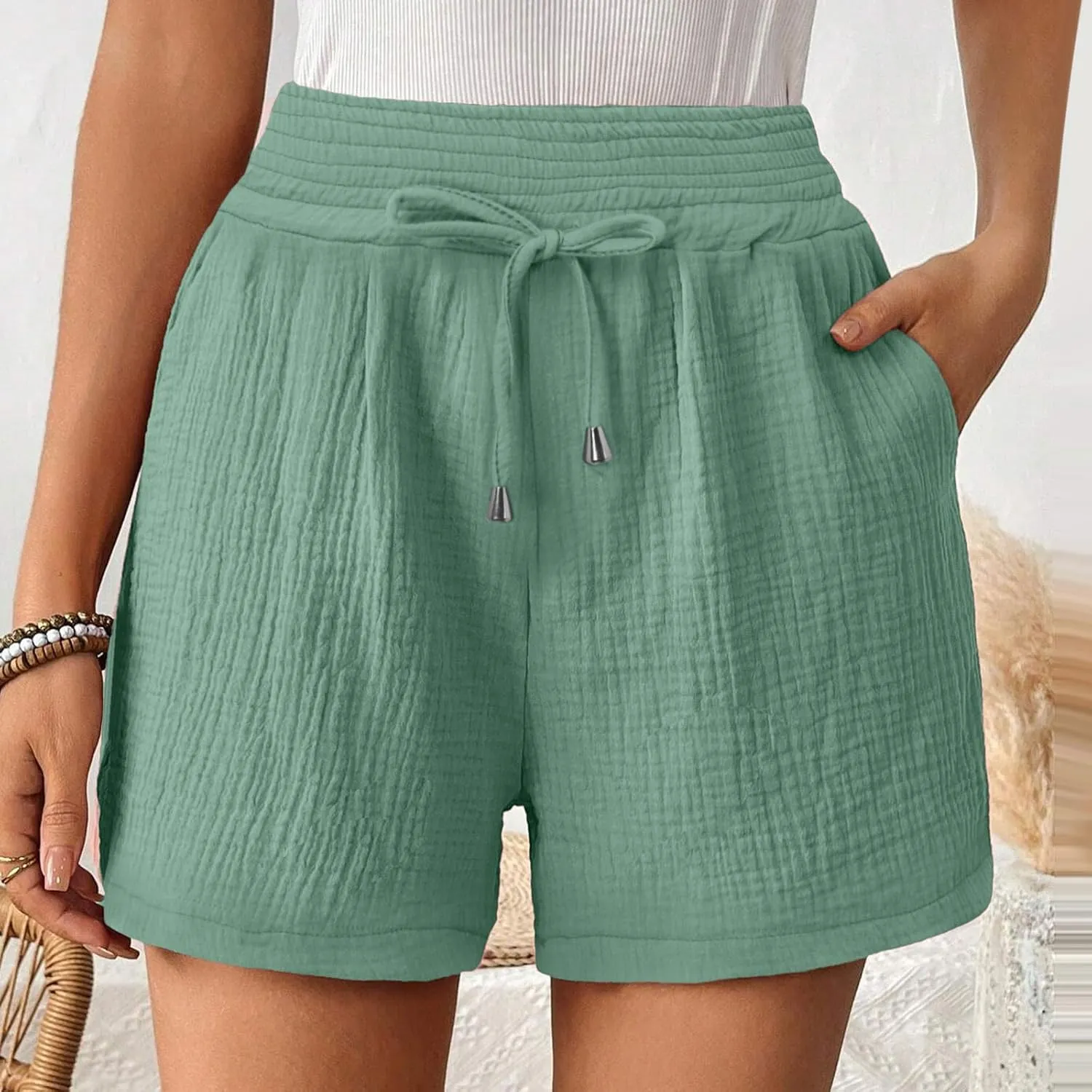 Cotton Linen Shorts for Women Summer Casual High Waisted Wide Leg Beach Shorts Drawstring Comfy Pull On Short Pants