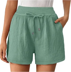 Cotton Linen Shorts for Women Summer Casual High Waisted Wide Leg Beach Shorts Drawstring Comfy Pull On Short Pants