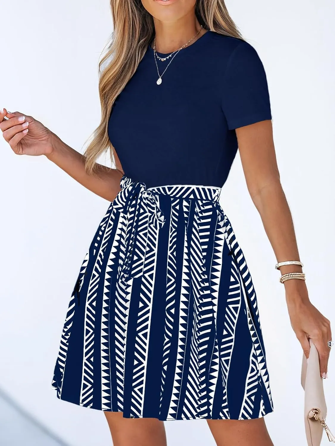 CUPSHE Women's Floral Paisley Mini Beach Dress Crew Neck Short Sleeve Belted Tie A Line Stripe Mini Summer Dresses