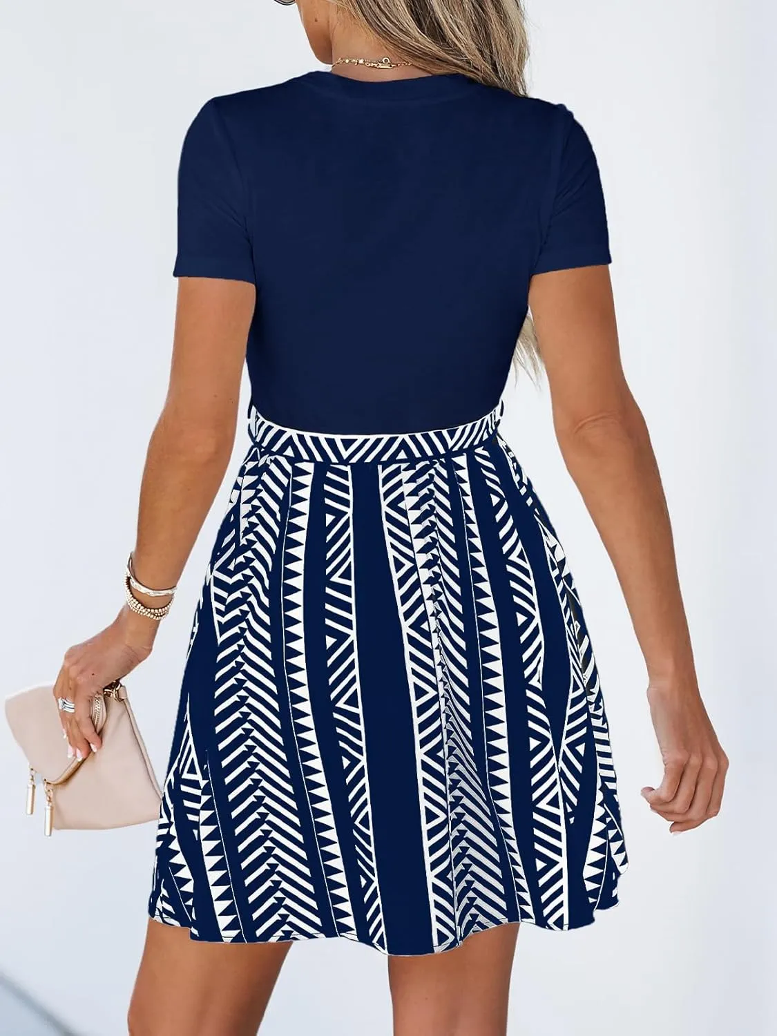 CUPSHE Women's Floral Paisley Mini Beach Dress Crew Neck Short Sleeve Belted Tie A Line Stripe Mini Summer Dresses