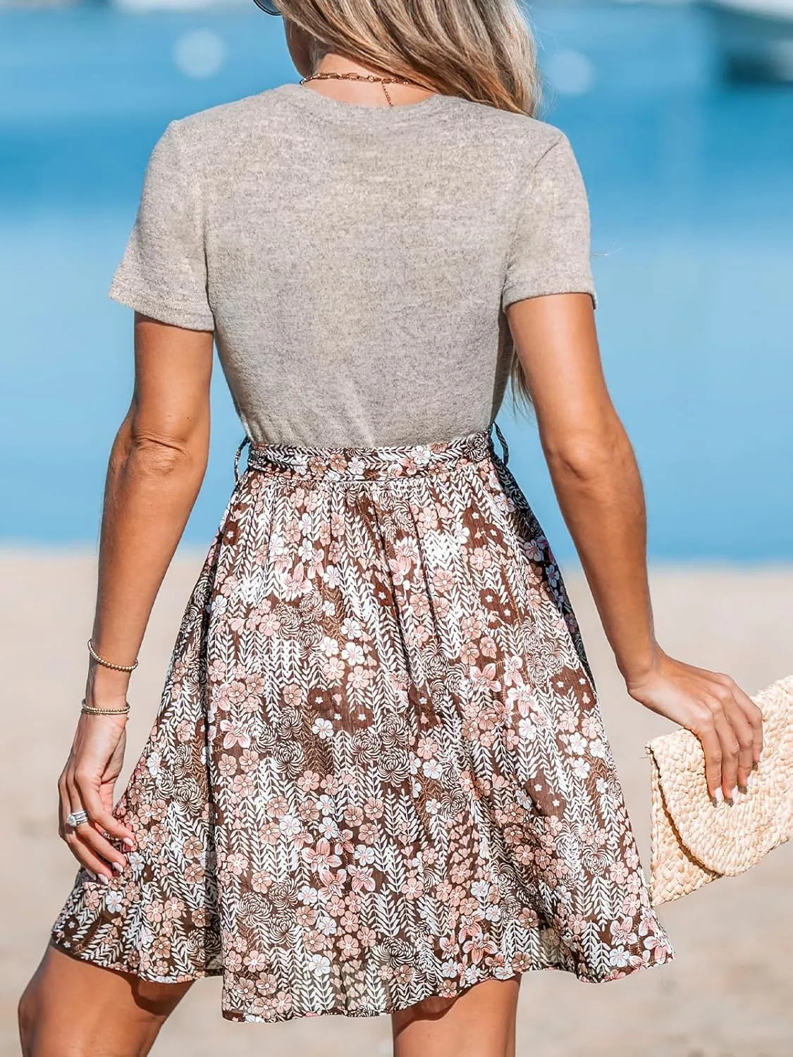 CUPSHE Women's Floral Paisley Mini Beach Dress Crew Neck Short Sleeve Belted Tie A Line Stripe Mini Summer Dresses