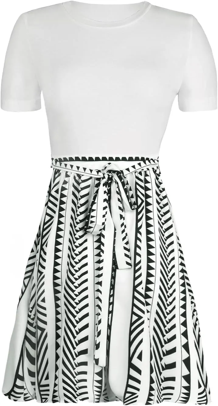 CUPSHE Women's Floral Paisley Mini Beach Dress Crew Neck Short Sleeve Belted Tie A Line Stripe Mini Summer Dresses