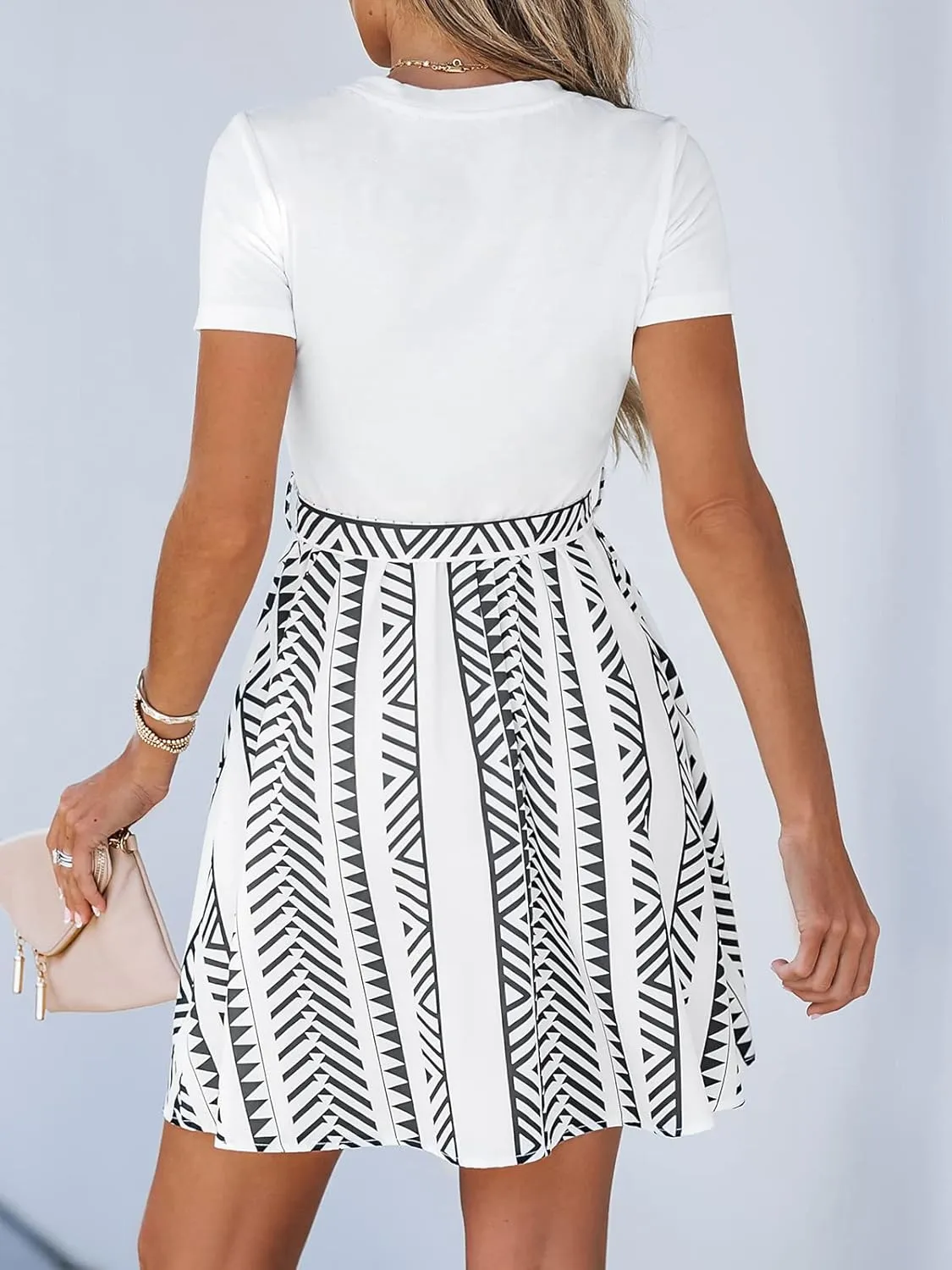CUPSHE Women's Floral Paisley Mini Beach Dress Crew Neck Short Sleeve Belted Tie A Line Stripe Mini Summer Dresses
