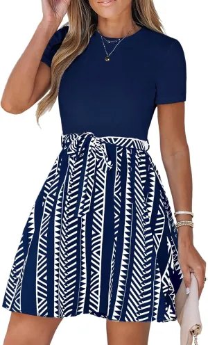 CUPSHE Women's Floral Paisley Mini Beach Dress Crew Neck Short Sleeve Belted Tie A Line Stripe Mini Summer Dresses