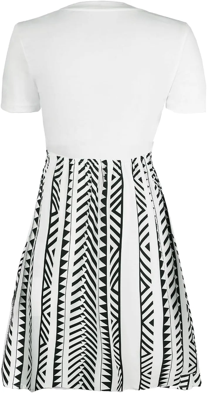 CUPSHE Women's Floral Paisley Mini Beach Dress Crew Neck Short Sleeve Belted Tie A Line Stripe Mini Summer Dresses