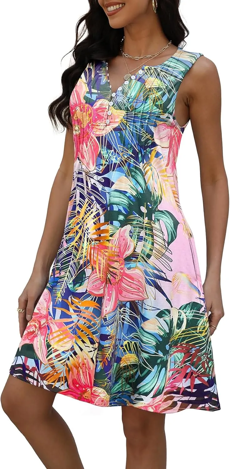 Disamer Beach Dresses for Women 2025 Vacation Swim Cover up V-Neck Summer Dress Button Down Sleeveless Boho Floral Sundress