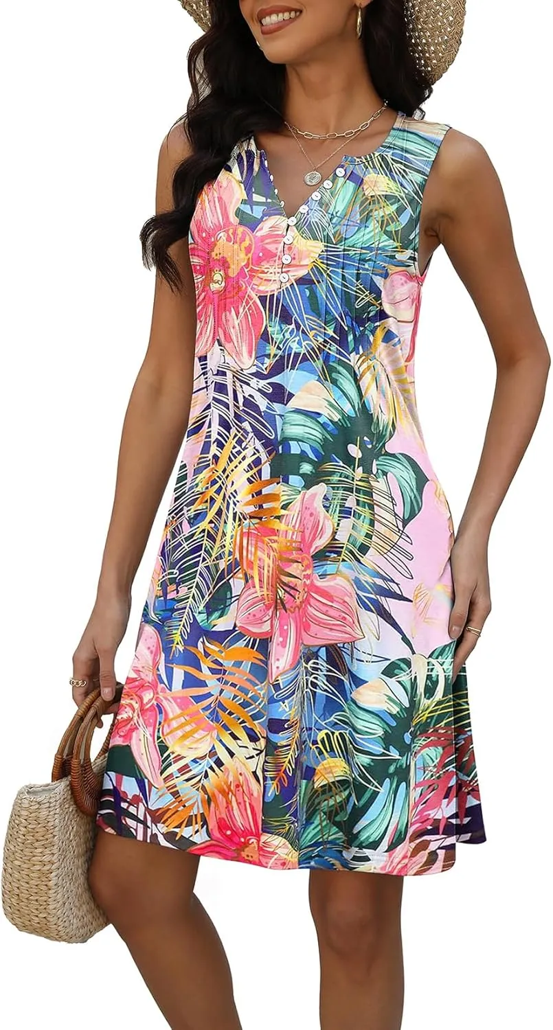 Disamer Beach Dresses for Women 2025 Vacation Swim Cover up V-Neck Summer Dress Button Down Sleeveless Boho Floral Sundress