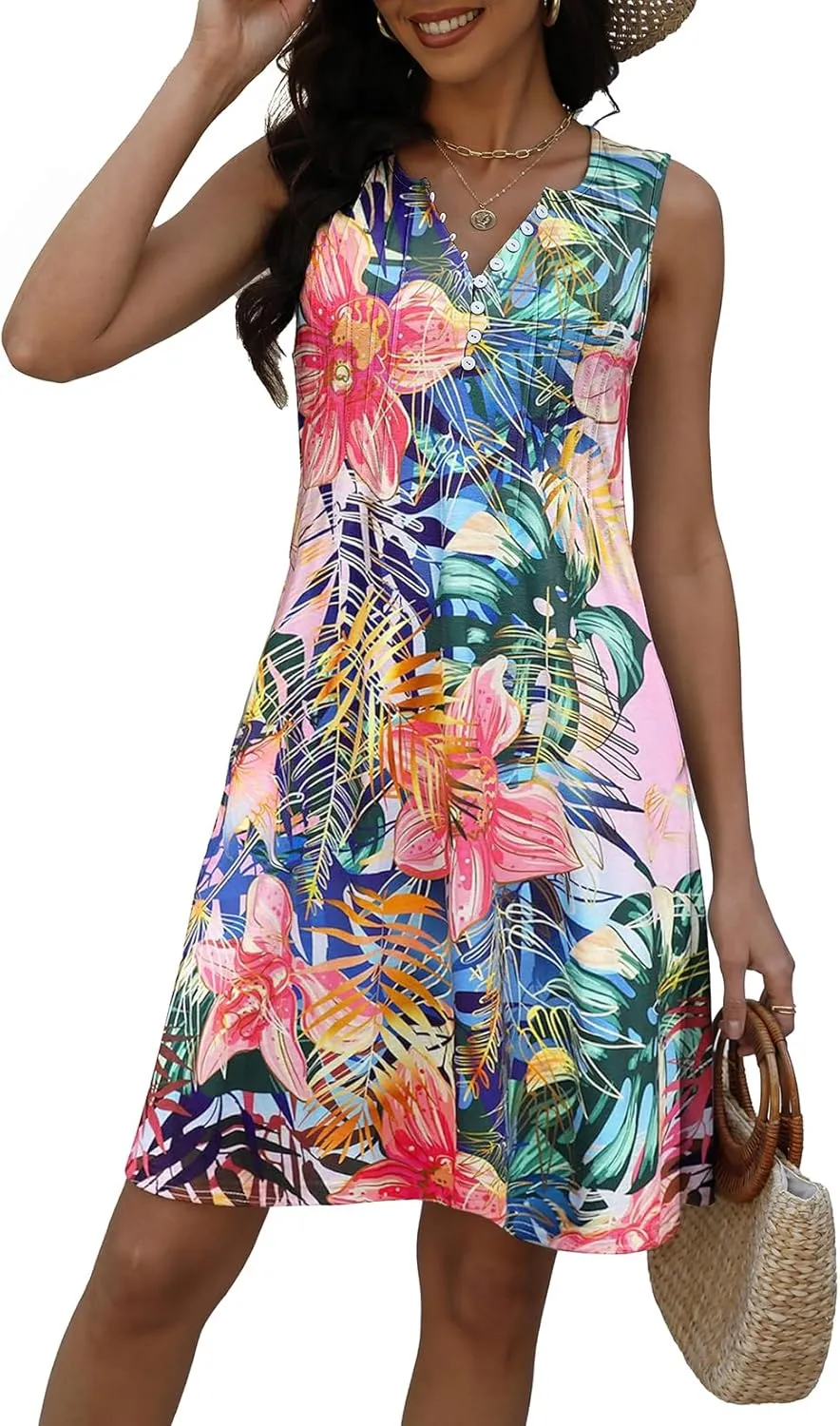 Disamer Beach Dresses for Women 2025 Vacation Swim Cover up V-Neck Summer Dress Button Down Sleeveless Boho Floral Sundress