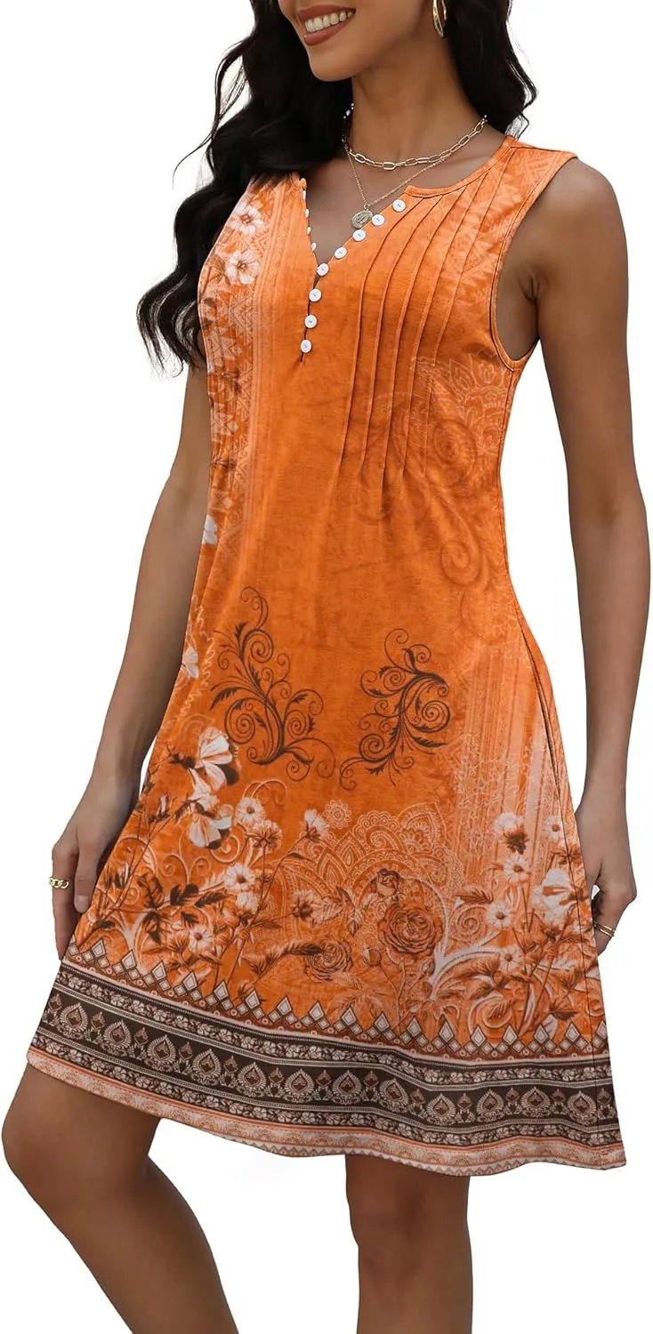Disamer Beach Dresses for Women 2025 Vacation Swim Cover up V-Neck Summer Dress Button Down Sleeveless Boho Floral Sundress