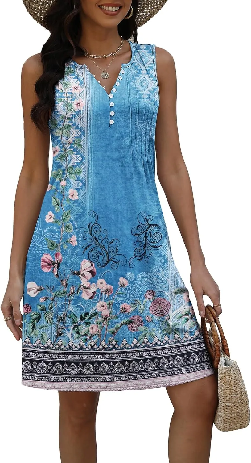 Disamer Beach Dresses for Women 2025 Vacation Swim Cover up V-Neck Summer Dress Button Down Sleeveless Boho Floral Sundress
