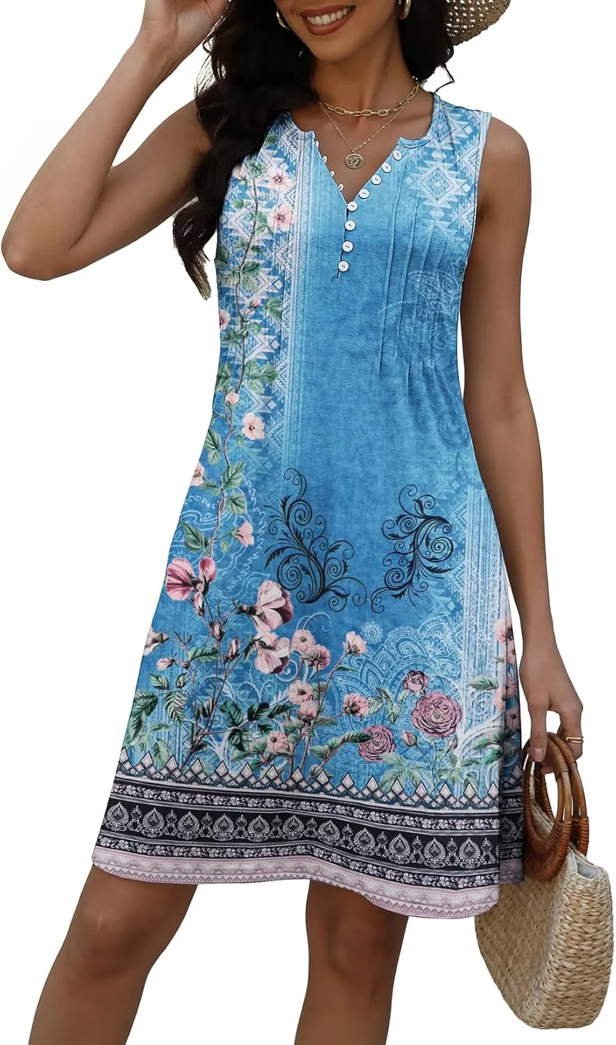 Disamer Beach Dresses for Women 2025 Vacation Swim Cover up V-Neck Summer Dress Button Down Sleeveless Boho Floral Sundress