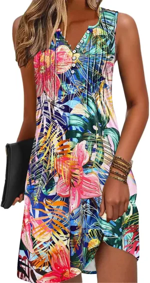 Disamer Beach Dresses for Women 2025 Vacation Swim Cover up V-Neck Summer Dress Button Down Sleeveless Boho Floral Sundress