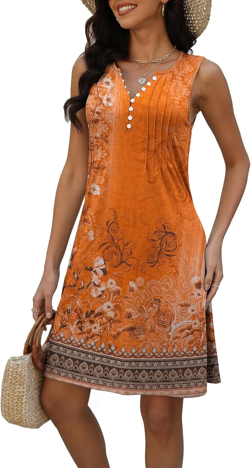 Disamer Beach Dresses for Women 2025 Vacation Swim Cover up V-Neck Summer Dress Button Down Sleeveless Boho Floral Sundress