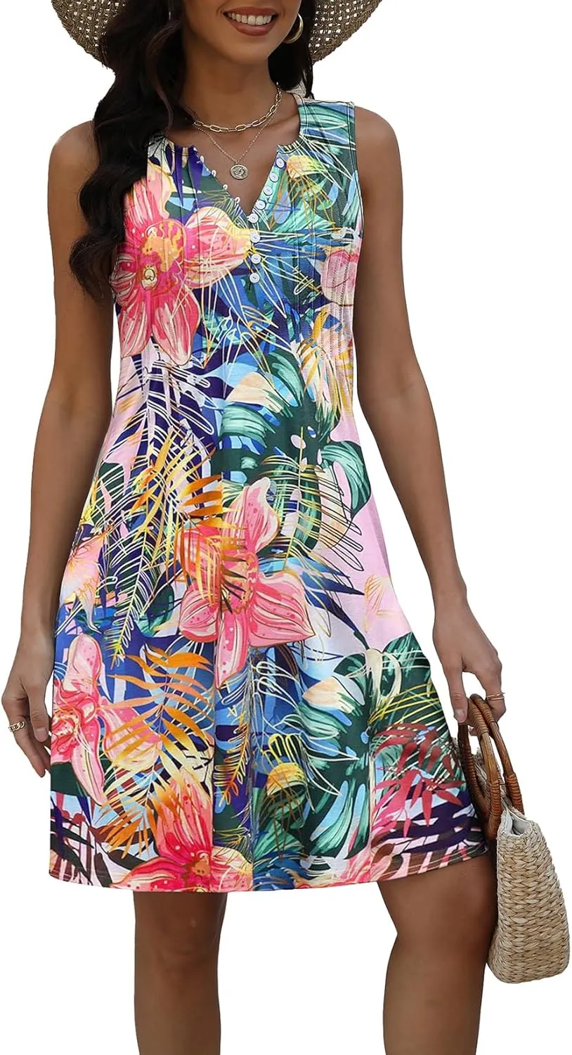 Disamer Beach Dresses for Women 2025 Vacation Swim Cover up V-Neck Summer Dress Button Down Sleeveless Boho Floral Sundress