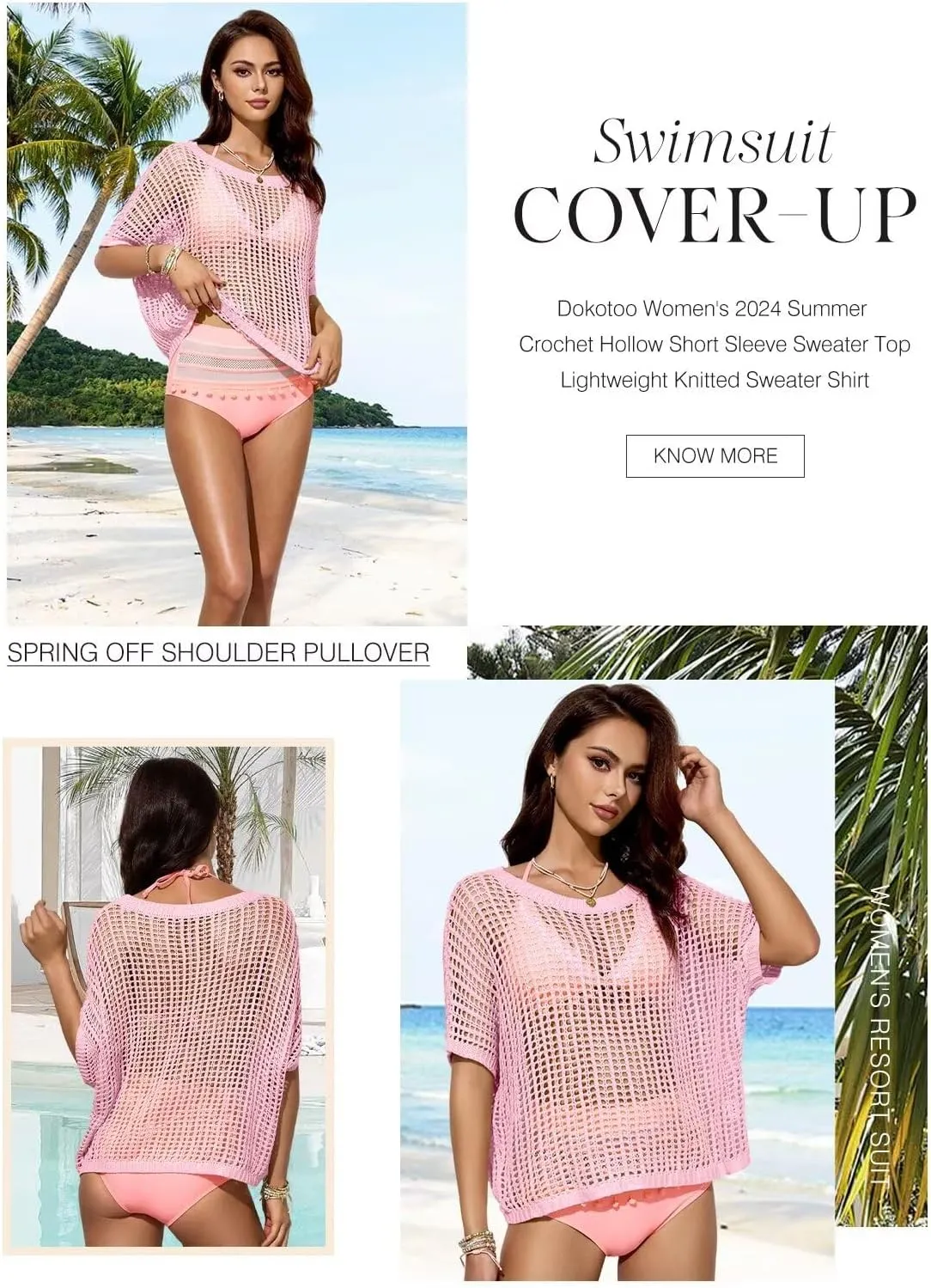 Dokotoo Womens Summer Scoop Neck Short Sleeve Sweater Casual Crochet Hollow Out Knit Tops Pullover Shirts Beach Coverup