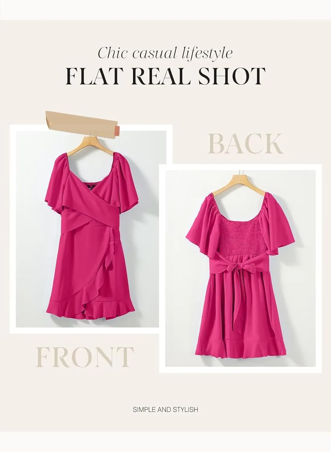 Dokotoo Women's Wrap V Neck Short Flared Sleeve Wedding Guest Dress Smocked Elastic Waist Tiered Belted Ruffle Hem Mini Dress