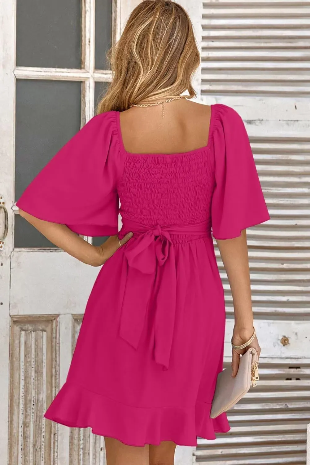 Dokotoo Women's Wrap V Neck Short Flared Sleeve Wedding Guest Dress Smocked Elastic Waist Tiered Belted Ruffle Hem Mini Dress