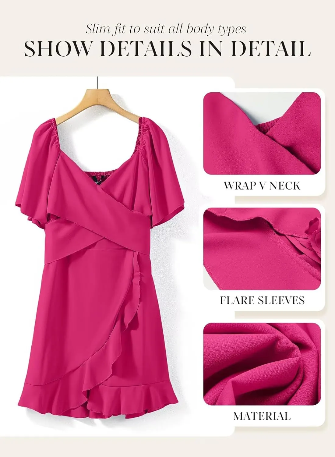 Dokotoo Women's Wrap V Neck Short Flared Sleeve Wedding Guest Dress Smocked Elastic Waist Tiered Belted Ruffle Hem Mini Dress