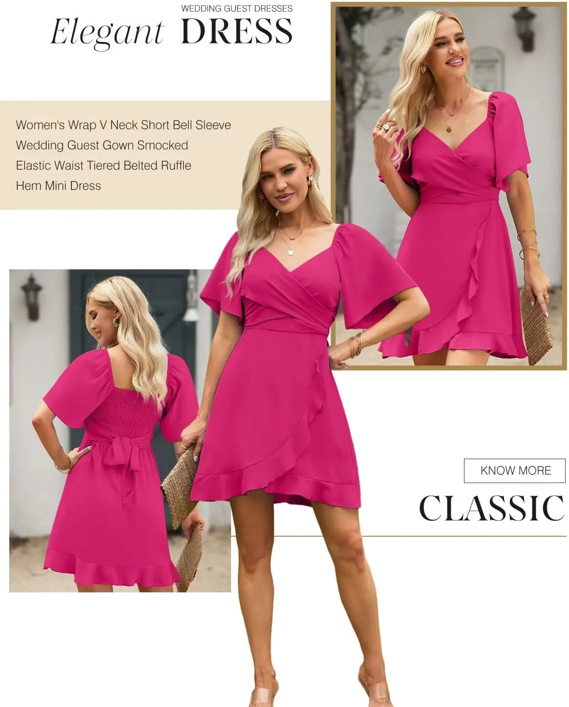Dokotoo Women's Wrap V Neck Short Flared Sleeve Wedding Guest Dress Smocked Elastic Waist Tiered Belted Ruffle Hem Mini Dress