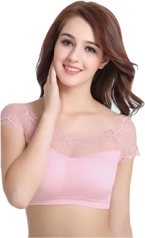 DRESHOW Lace Bralette Tank Tops Wireless Bra Lace Crop Top Padded Stretch Spaghetti Thin Strap Yoga Sports Bra for Women