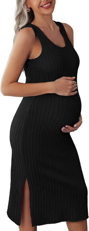 Ekouaer Women's Maternity Dress Rib Knit Sleeveless Tank Side Slit Bodycon Dresses Pregnancy Clothes S-XXL