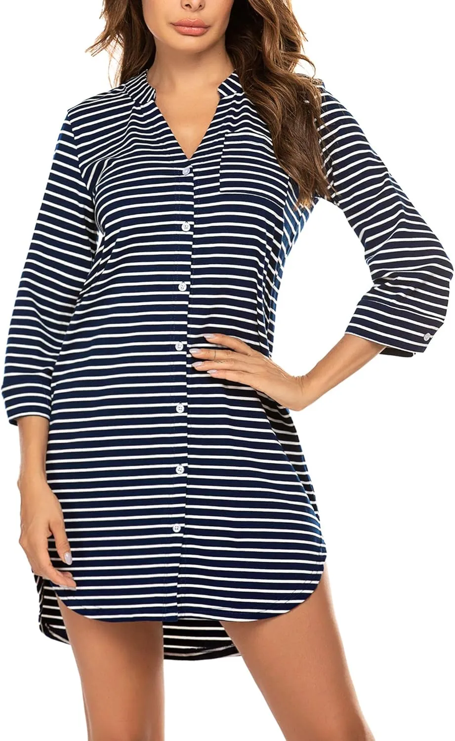 Ekouaer Women's Nightgown V Neck Striped Button Down Sleepwear 3/4 Sleeves Nightshirts Soft Button Sleep Dress S-XXL