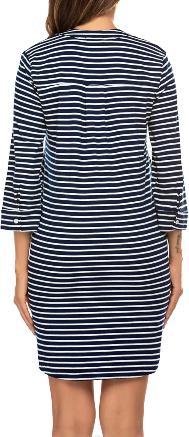Ekouaer Women's Nightgown V Neck Striped Button Down Sleepwear 3/4 Sleeves Nightshirts Soft Button Sleep Dress S-XXL