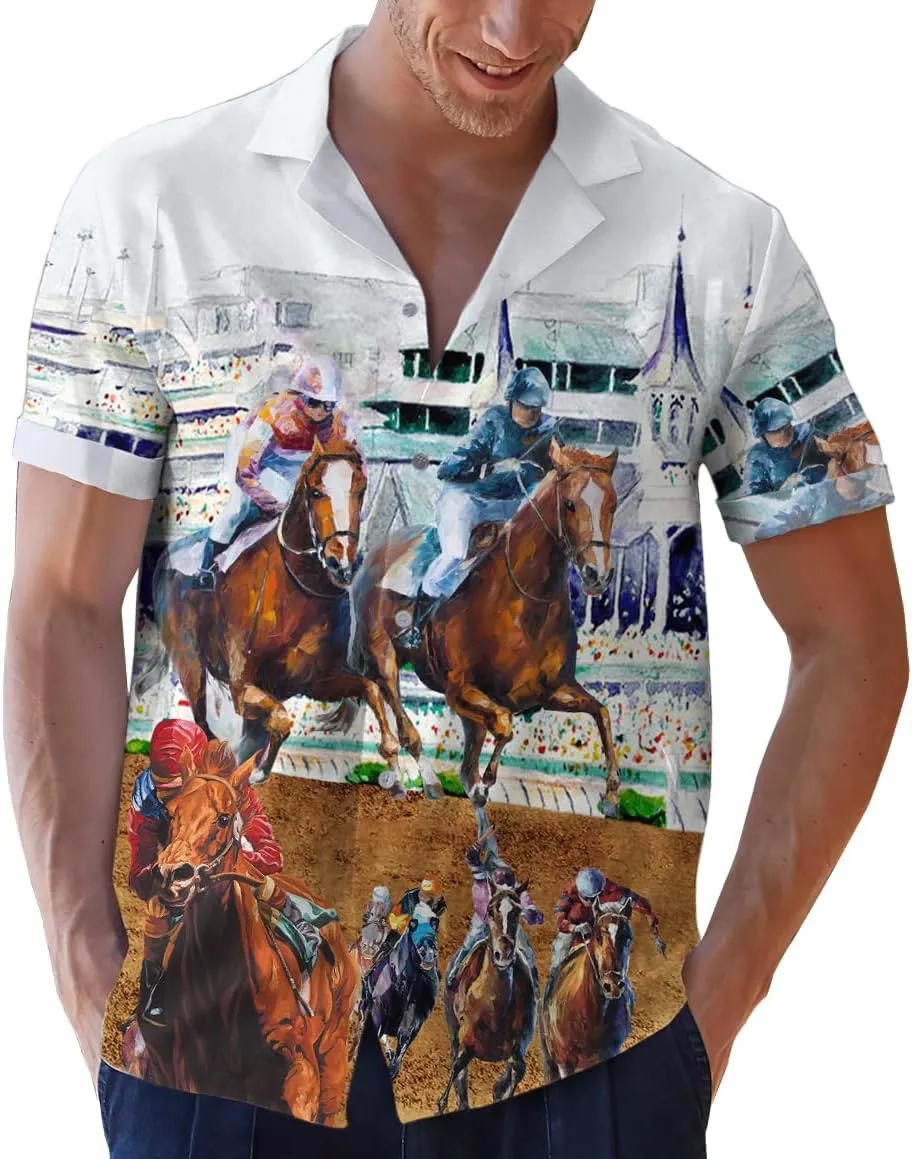 Funny Horse Hawaiian Shirts for Men Women, Love Horse Racing Hawaiian Summer Short-Sleeve Casual Relaxed-Fit Button-Down