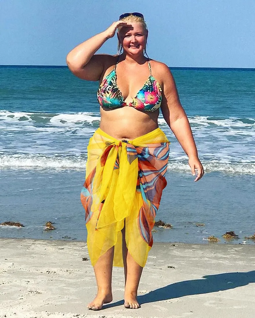 GERINLY Chiffon Thin Sarong Wrap: Geometrical Design Plus Size Beach Cover Up for Swimsuit Vacation Outfit Lightweight