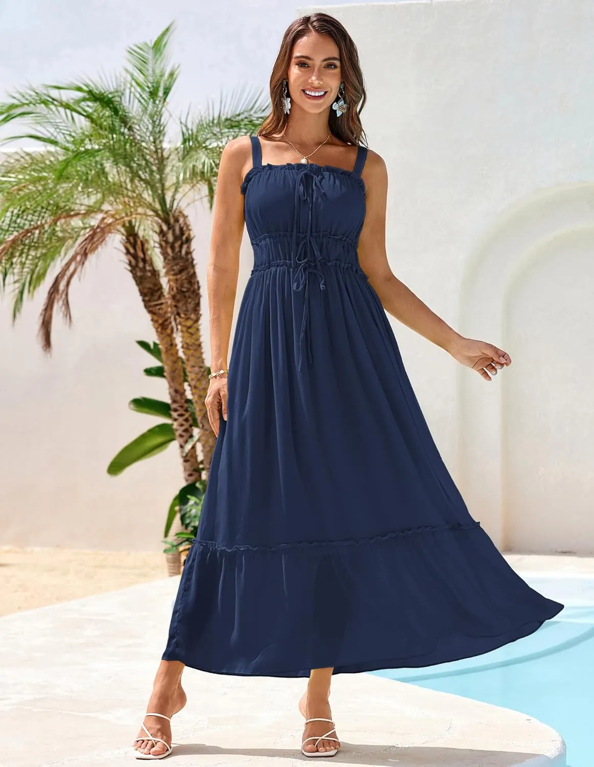 GRACE KARIN 2025 Womens Summer Flowy A-line Boho Dresses Spaghetti Strap Long Beach Sundress Smocked Maxi Dress with Pockets