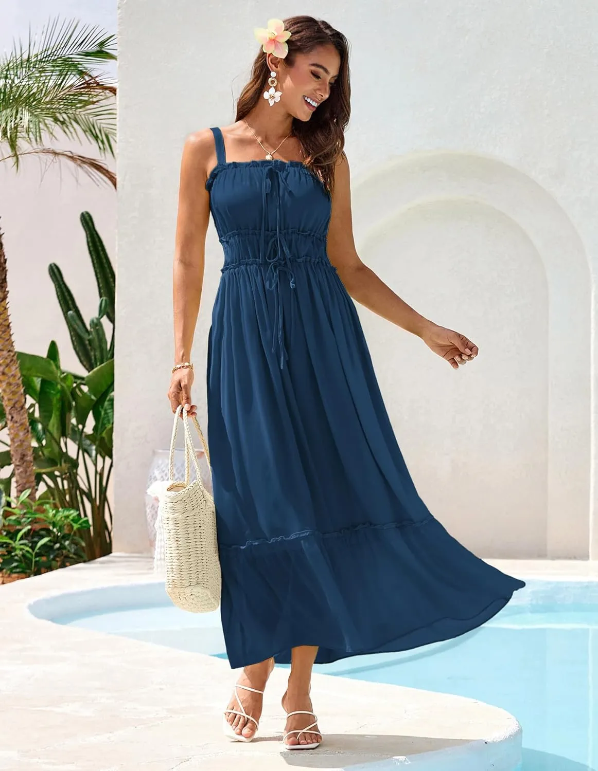GRACE KARIN 2025 Womens Summer Flowy A-line Boho Dresses Spaghetti Strap Long Beach Sundress Smocked Maxi Dress with Pockets