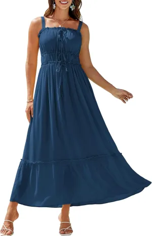 GRACE KARIN 2025 Womens Summer Flowy A-line Boho Dresses Spaghetti Strap Long Beach Sundress Smocked Maxi Dress with Pockets