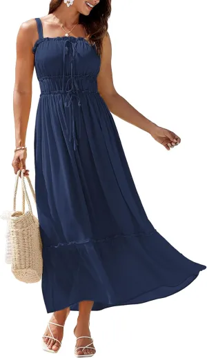 GRACE KARIN 2025 Womens Summer Flowy A-line Boho Dresses Spaghetti Strap Long Beach Sundress Smocked Maxi Dress with Pockets